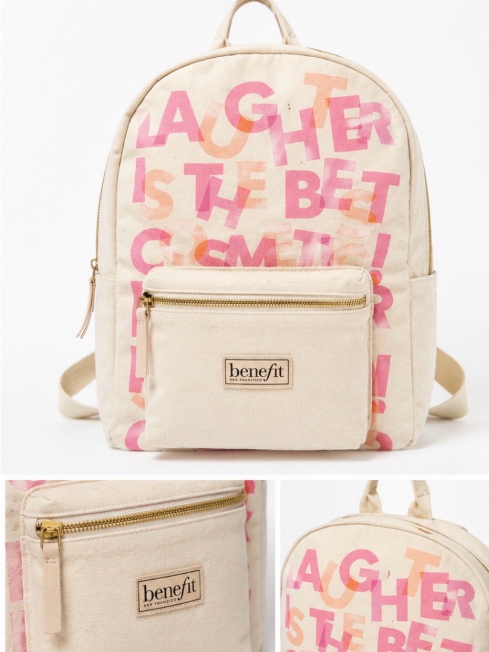 Benefit Cream Canvas Backpack with Pink and Orange Graphic